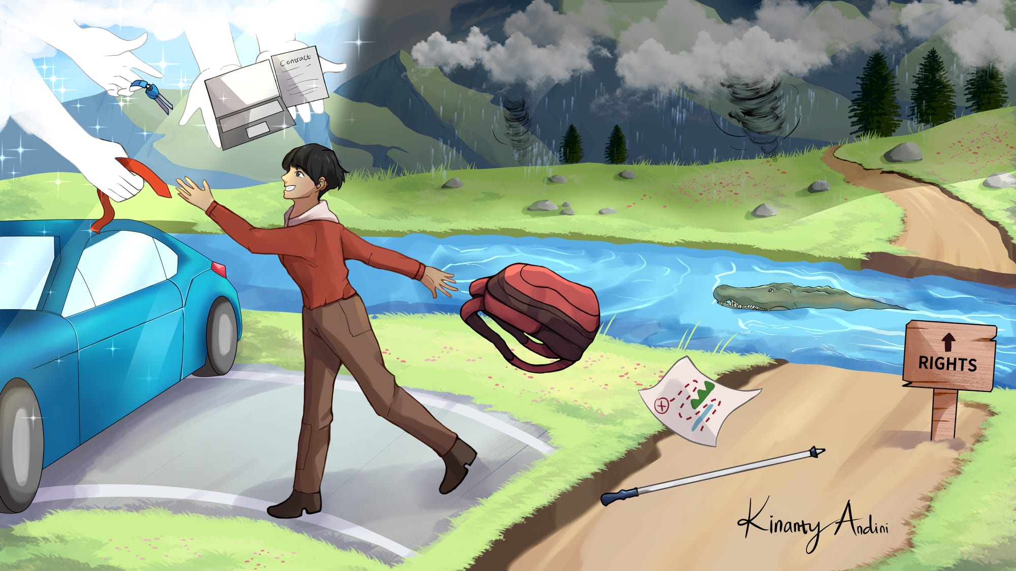 A digital illustration showing a hiker caught between a road across a dangerous river and a beautiful car. The road across the river is marked "rights", there is a crocodile in the water, and stormy weather in the otherwise beautiful mountains. The man lunges towards the smooth road, discarding his bag, climbing stick and map. He wears a small hearing aid and has brown skin and black hair. Held promisingly over the car are a laptop, red tie and a contract. 