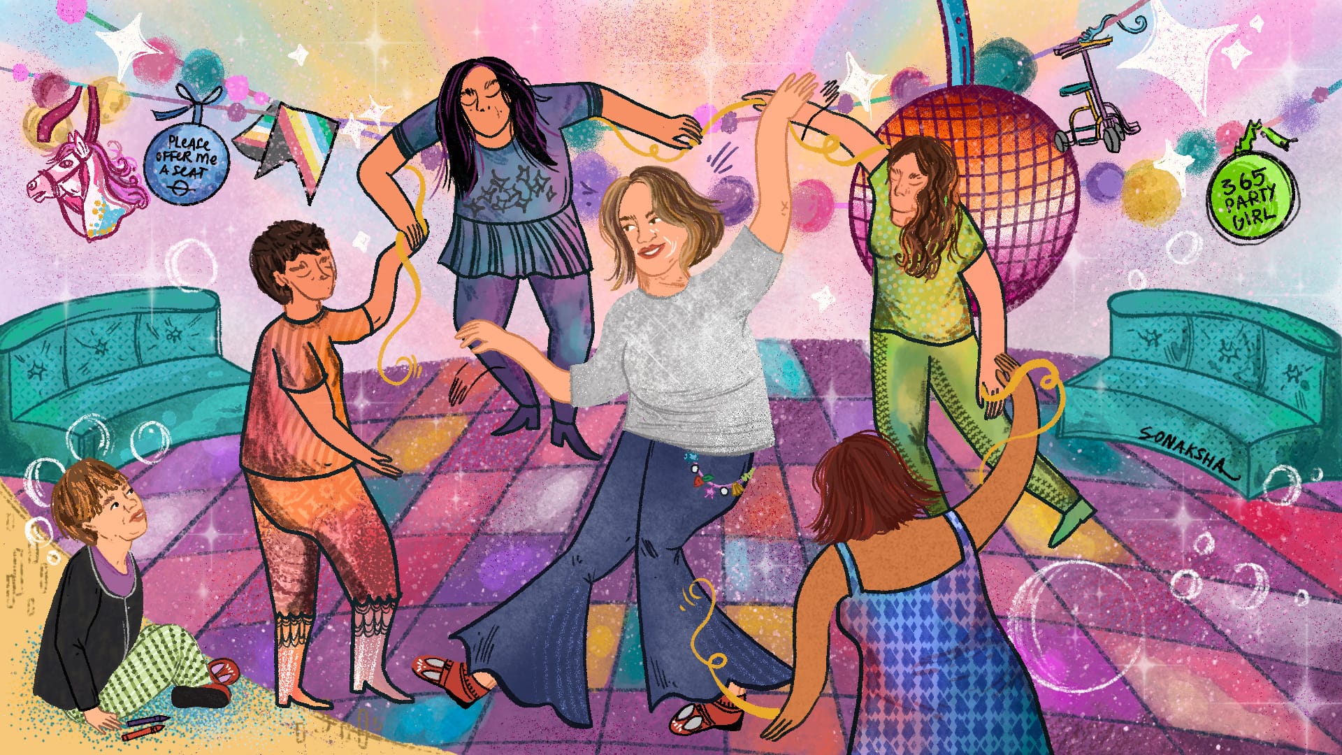 Colourful disco illustration of a white woman dancing with friends on a patterned floor. She has short brown hear, wears a silver shirt and flared jeans and is surrounded by four friends in a ring, holding hands. Just off the dancefloor, her child self is sitting, starting in awe. In the background, objects hang on the bunting: a disability pride flag, a pink pony, a mobility scooter, a "please offer me a seat" badge and a 365 party girl bauble. A giant lesbian flag themed disco ball sparkles above them!