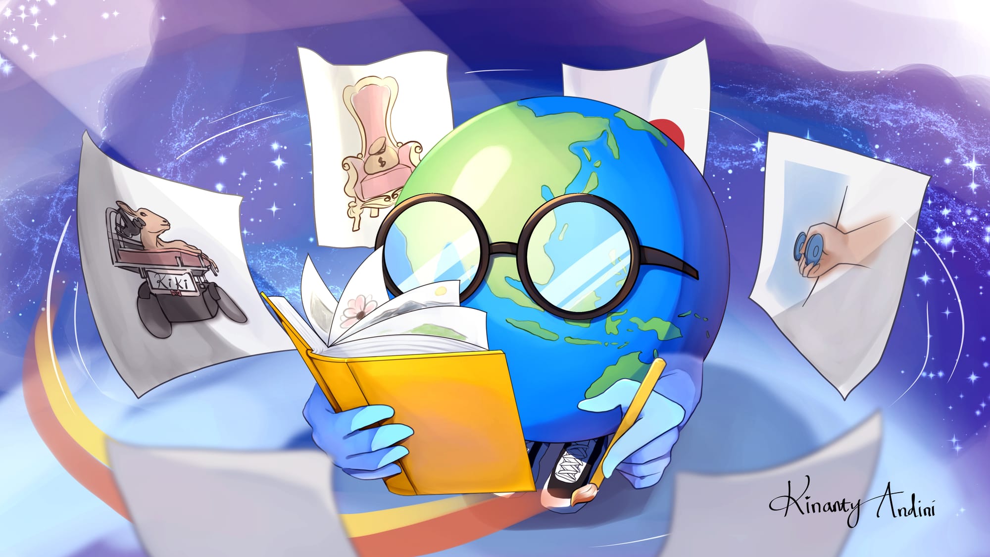 Digital illustration of a globe, with arms and legs, holding a sketchbook and surrounded by flying papers. The globe holds a brush and the papers show images of a sheep using a wheelchair, a throne, and hand holding a doorknob. In the background swirls a a galaxy. Signed by Kinanty Andini.