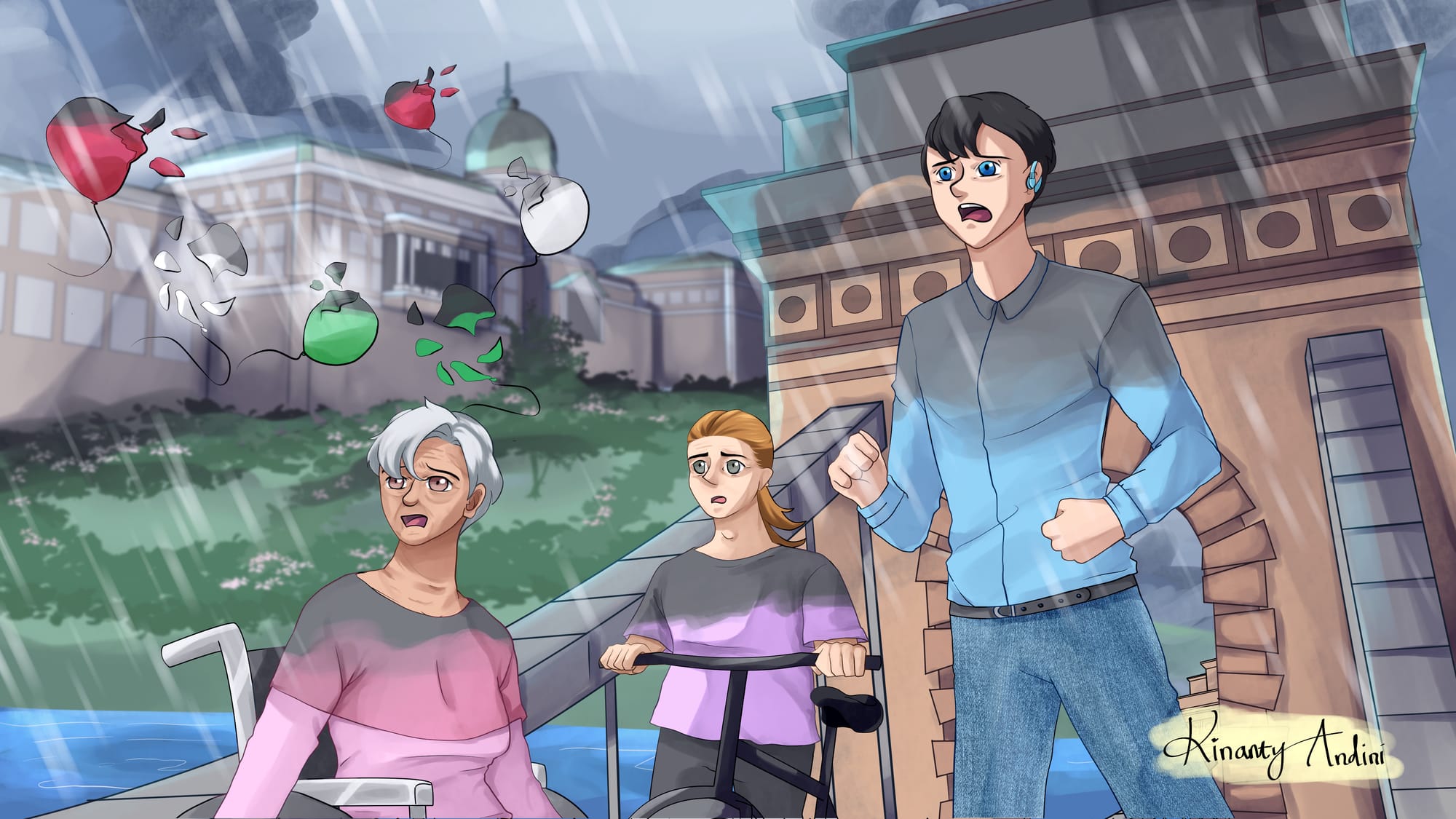 A digital illustration of three figures on the Széchenyi Chain Bridge near Buda Castle, with rain washing away all the colours. There is a young man using hearing aid, an elderly woman using a wheelchair, and a little person with a bicycle. They stare in the same direction with shocked, concerned expressions as red, white, and green balloons bursts behind them.