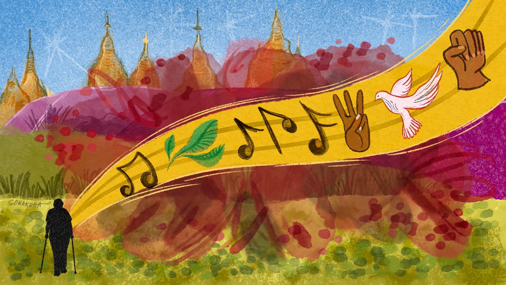 Illustration of a person's silhouette in Myanmar's landscape, but covered with splashes and scribbles of red and crimson. The person walks with crutches and from them shines a ray of yellow light, on top of the red splashes. The ray is filled with musical notes, leaves, a bird flying and the three finger salute. The background is in shades of green and magenta, with golden pagodas peeking through towards the skyline. 