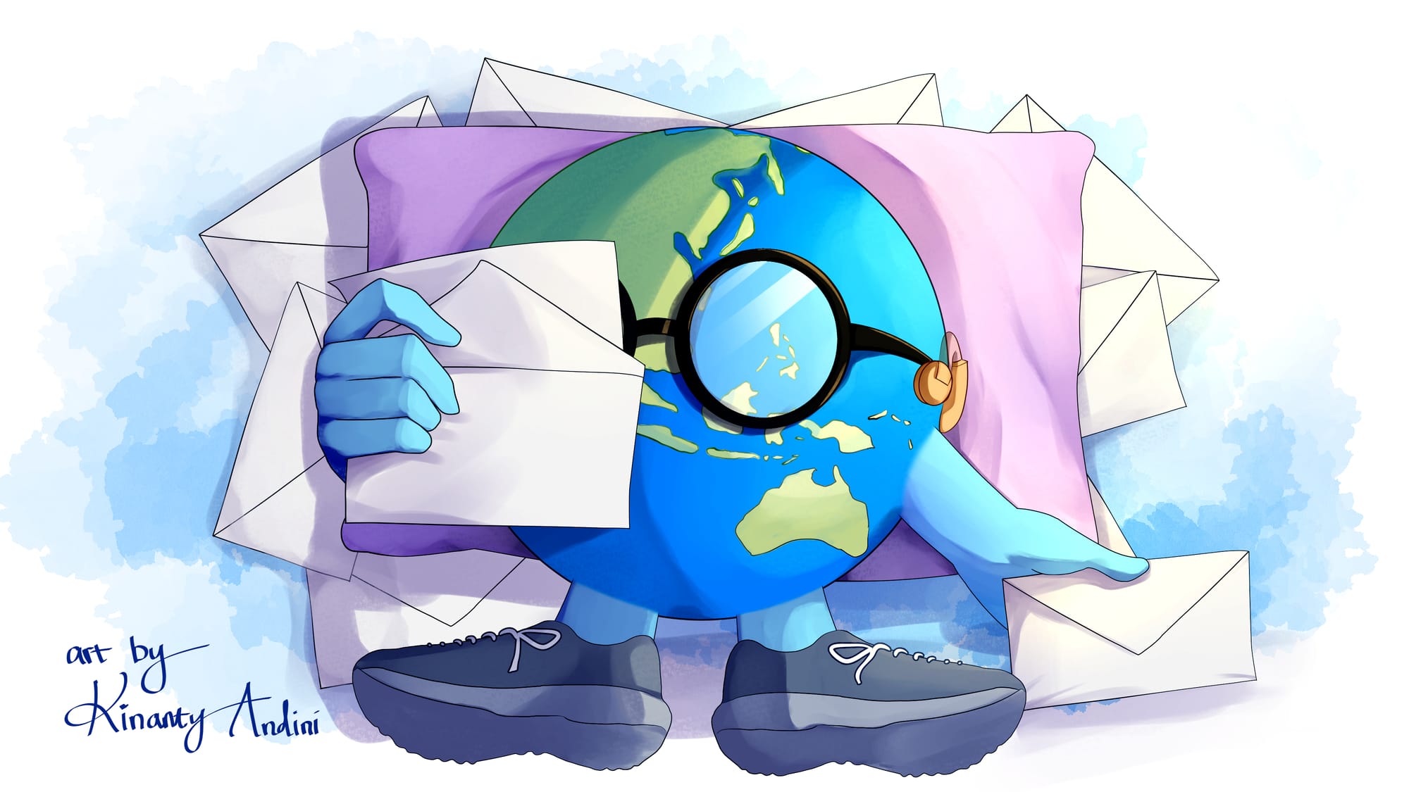 Digital illustration of a cute anthropomorphic globe reading a letter while lying back against a pillow. The globe has short arms and legs, and wears shoes, dark rimmed glasses and a hearing aid. It is reading a letter and surrounded by lots more unopened letters. Signed, Kinanty Andini.
