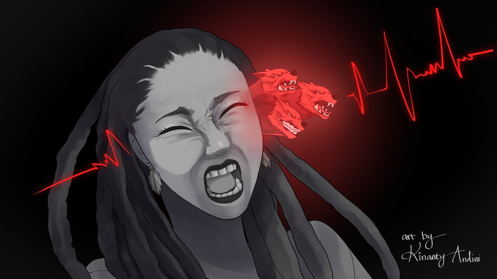 A black-and-white digital illustration of a woman in pain, with a red three-headed dog coming out of her ear. The woman is relatively young, has dreadlocks and scrunched face. Red sound waves enter her ear on one side and come out past the creature on the other. 