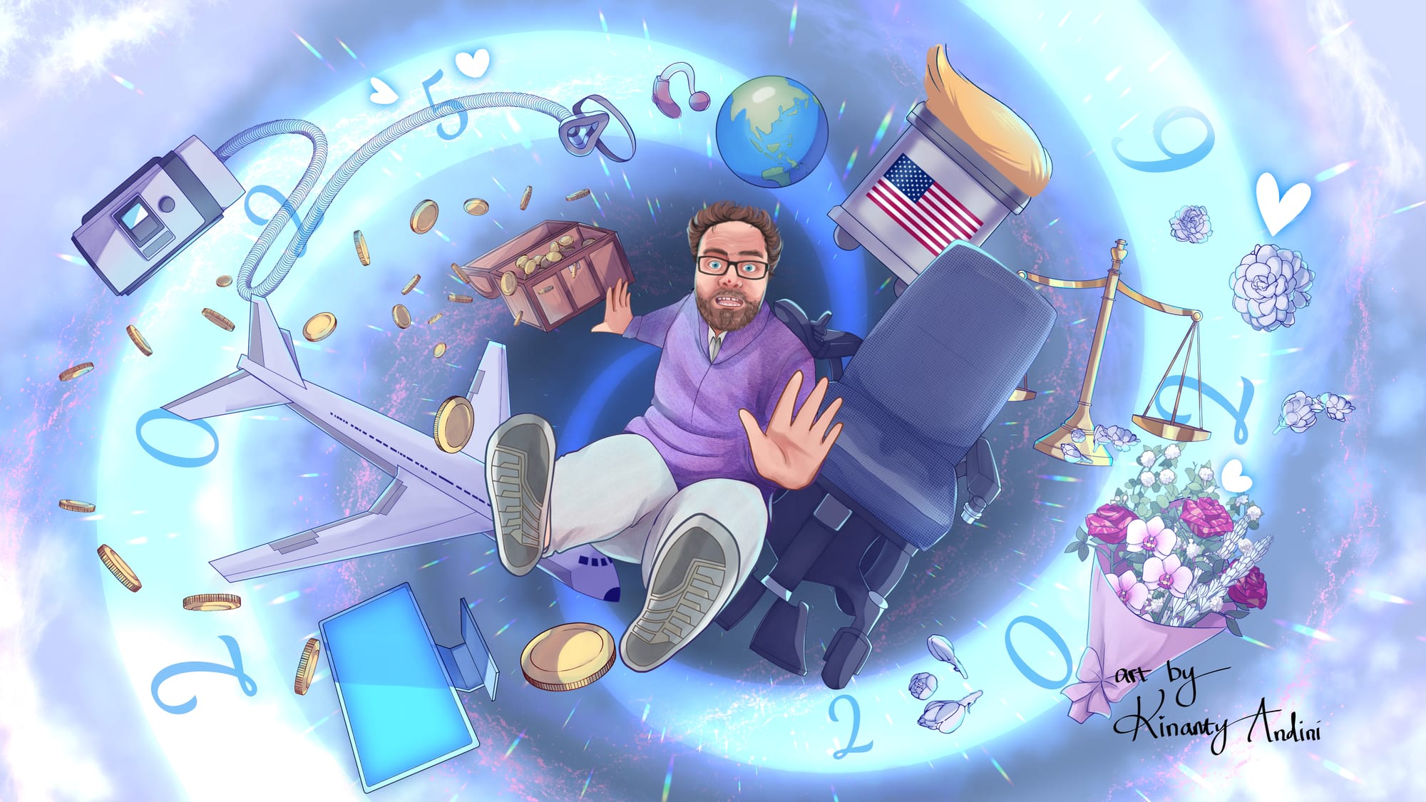 A digital illustration of Peter falling into a light-blue magical time portal showing transition from 2025 to 2026. Peter is a white man with a scared expression. Behind him the portal pulls in other objects, including his electric wheelchair, a bipap machine, a hearing aid, a golden scale, a globe, a bouquet of flowers, a treasure chest filled with flying gold coins, a monitor, an airplane, and a vacuum with Trump's haircut.