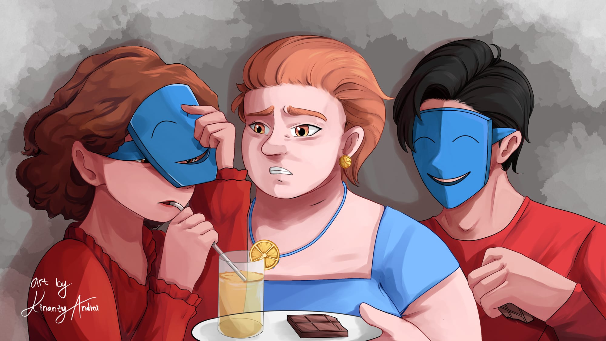 An illustration of a woman holding a tray as two others reach over and take from it. The woman is wearing blue, and the tray has a glass of lemon water and a chocolate bar. The two others are wearing red, with blue smiling masks covering their faces. One has a straw to sip the drink of the woman.
