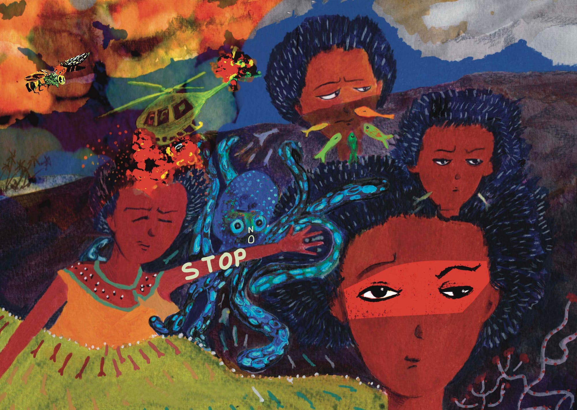 There are four spot images of the girl. From right to left, her arms are raised and backed against a swelling, inky flood. Bees back away as helicopters drop bombs on her head and orange flames rise to the sky. In the middle spot illustration, the girl’s face is underwater with fish swimming towards her nostrils and to the left, she has her eyes half open, exhausted and unable to sleep.