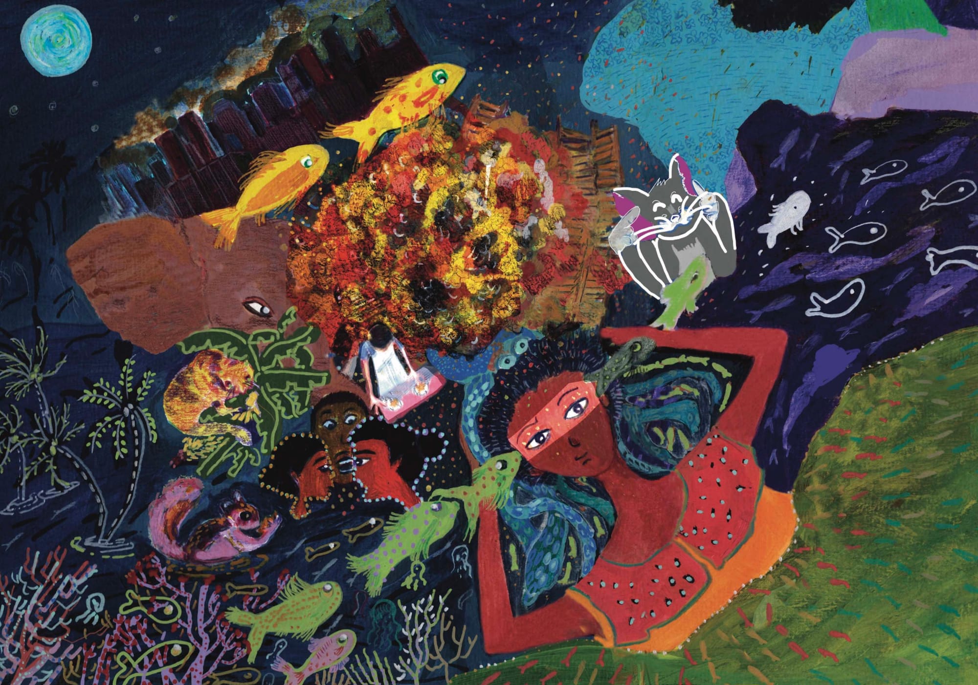 In the foreground, the girl, now awake with her big eyes wide, stares out as a school of fish nibbles their way across her head. In the background, a woman is bent on a pile of rotis, her anger a blaze behind her. Overlaid on the image are arguments, civet cat watching humans from trees, a cat like Tom in Tom and Jerry, and squirrels holding their quiet. Behind this scene a factory continuously pours out fume and warms up the night sky.
