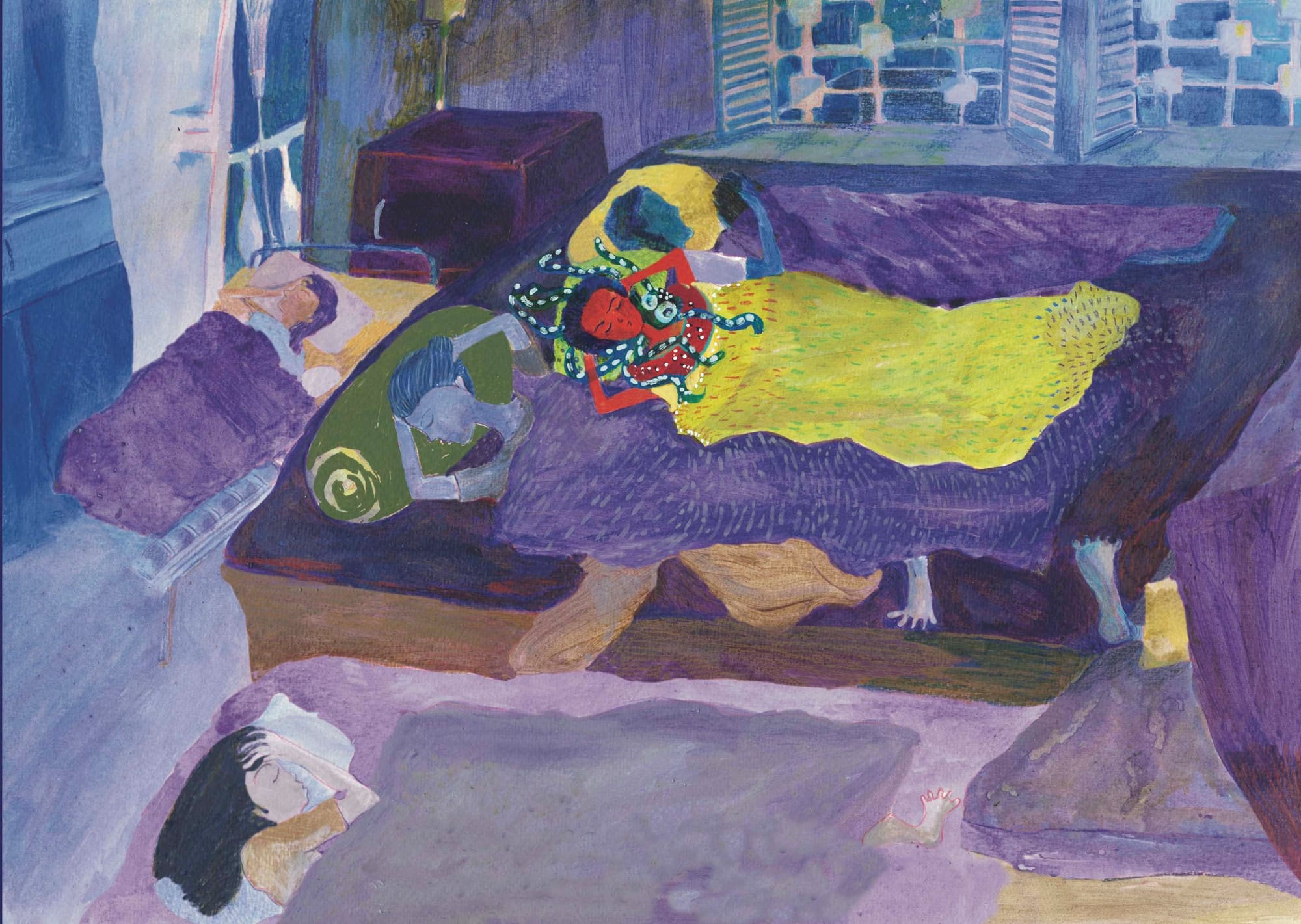 Illustration of a really large room, with windows and doors open to the terrace a family sleeps. The child is a thin sunburnt brown girl with short-cropped hair. She sleeps with an octopus around her neck, between a her uncle and her grandmother. On the rolling, foldable bed, another aunt and on the floor yet another aunt sleeps. The unwell grandfather’s feet dangle from the sofa. The girl’s all uneasy and sleepless, while all around her blue and calm the adults sleep.