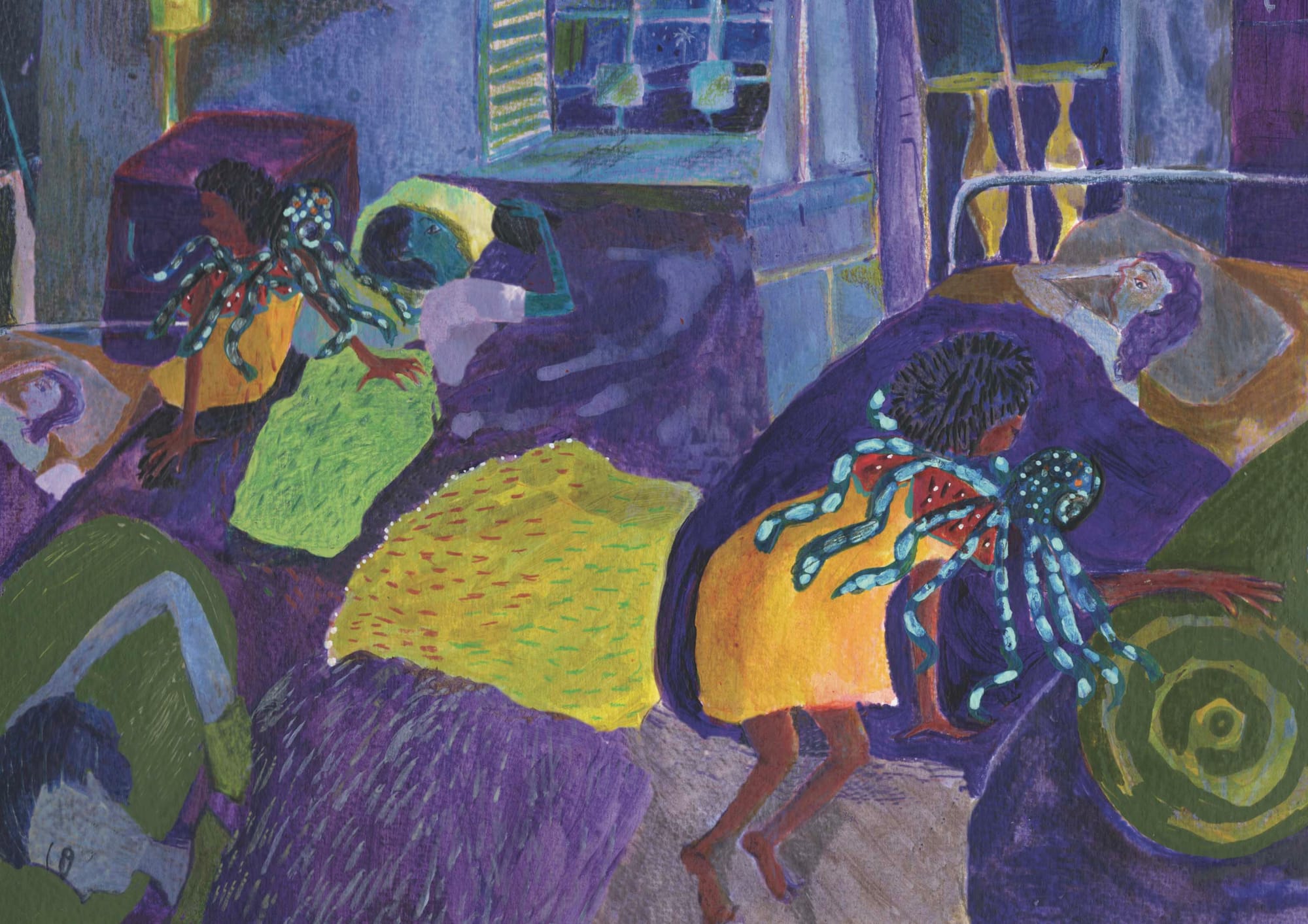 Scenes of the sleeping room with the girl climbing out of her bed, octopus around her neck. She hopes no one is awake, but the second scene shows adults aware that she is walking out of the room.