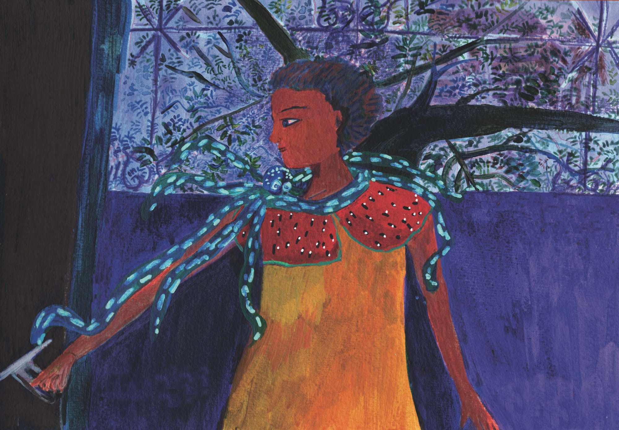 The girl with the octopus -her anxiety- wrapped around neck closes the door to the room. Behind her is the neem tree, growing very close to the little verandah she has entered.