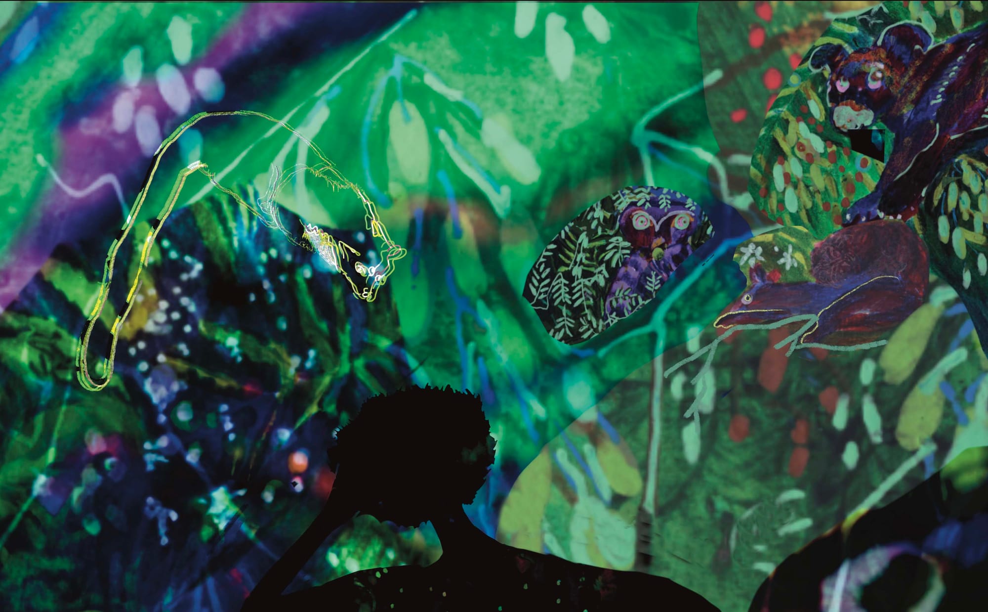 Silhouette of the girl against a rich luminescent foliage, where you can see outlines of creatures that look vaguely like birds and animals.