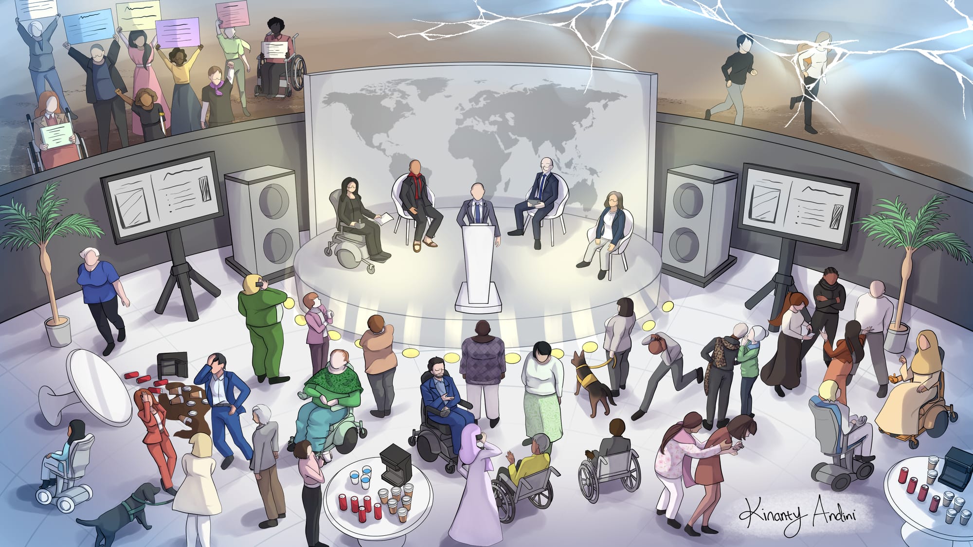 A digital illustration showing an event space with a panel and diverse figures in front of it. Outside the wall of the event are protesters and the image has a large crack as if in glass. Inside the venue the panel speakers are formal, one using a wheelchair. The venue floor is filled with guests, walking, talking, using wheelchairs, with service dogs, some in distress. They are of different races and where different color clothing, some wearing hijabs. One looks a little like Peter in a dark blue suit. Refreshments tables, screens and plants decorate the venue, and one table has spilled over.