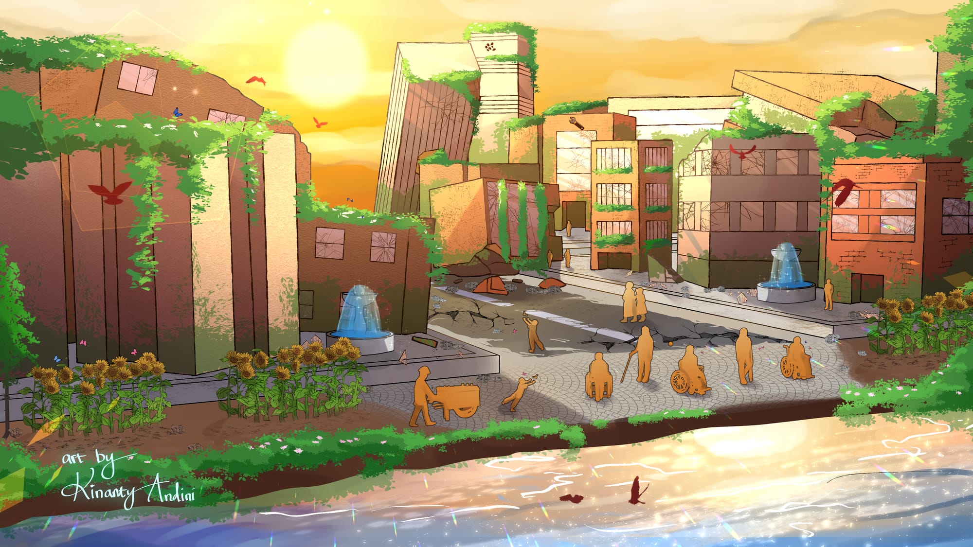 A digital illustration of damaged mid-rise buildings, on the bank of a lake where figures gather. There are cracks and holes and collapse in the buildings and road, and green plants and sunflowers have grown over them. Silhouettes of people using wheelchairs, a crutch, cane, and street vendor are on the bank of the lake. The sun sets and children chase butterflies.