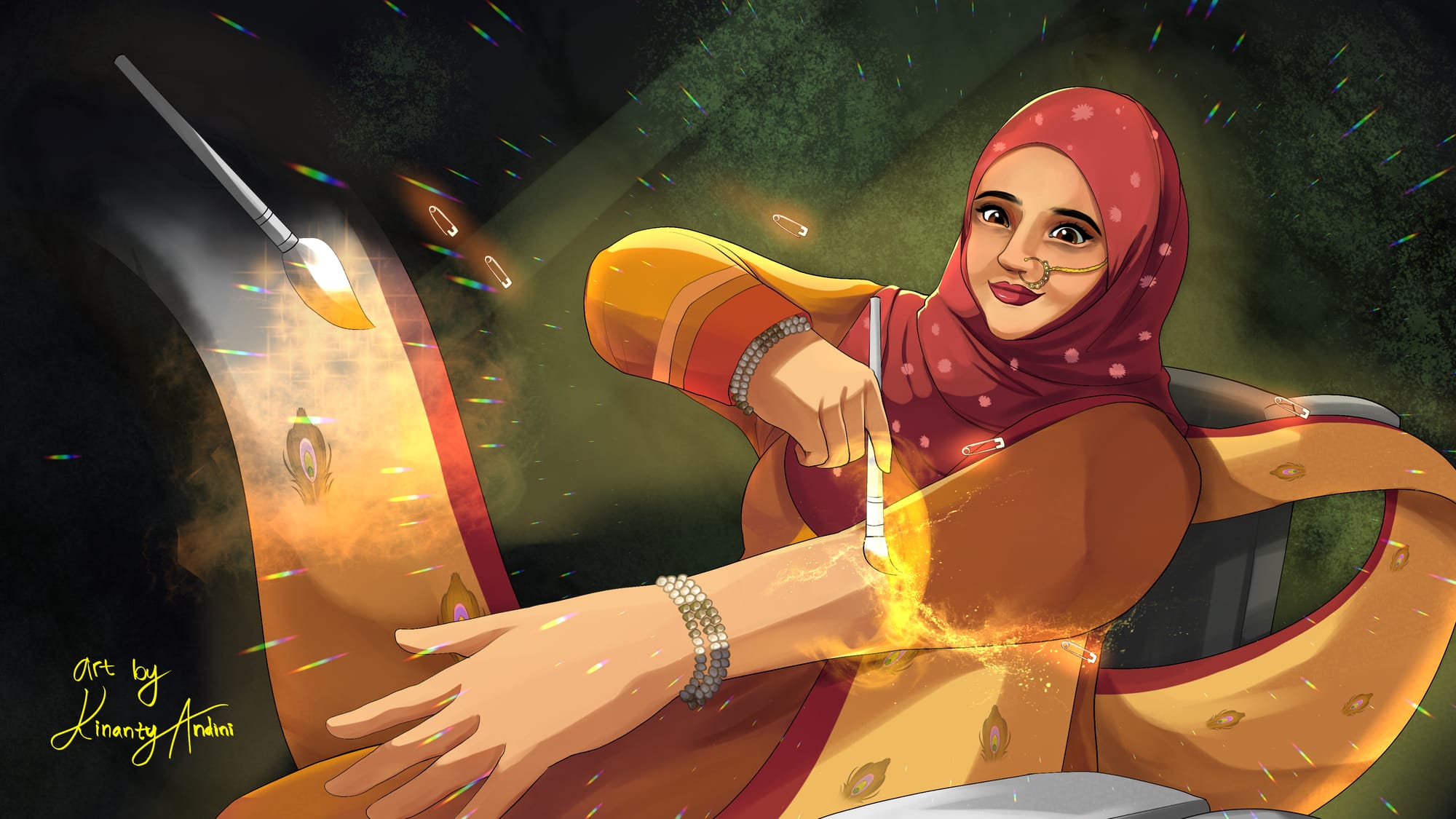 An illustration of a glamorous woman wearing a hijab, using a wheelchair, and painting her sleeve with a magic brush. Her orange dupatta scarf streams out behind her. Her hijab is patterned red, the dupatta patterned with feathers and she wears a nose-ring and bracelets. The background around her is dark green, while her clothing gives a soft glow.