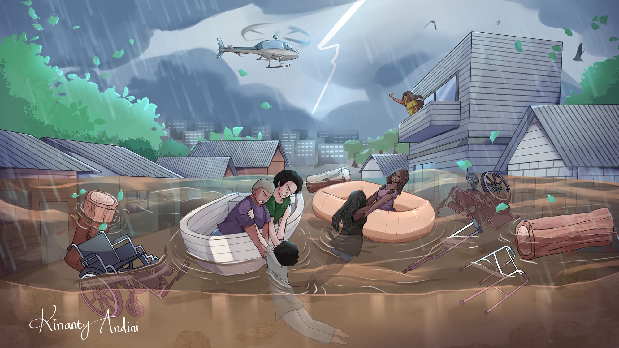 Digital illustration of boat rescue in a flooded urban area, with debris and assistive devices floating in the water. Two small boats have men and women, of diverse races, pulling people out of the water. From a building a woman gestures from the balcony, and in the background there is a helicopter, dark sky, rain and lightening. 