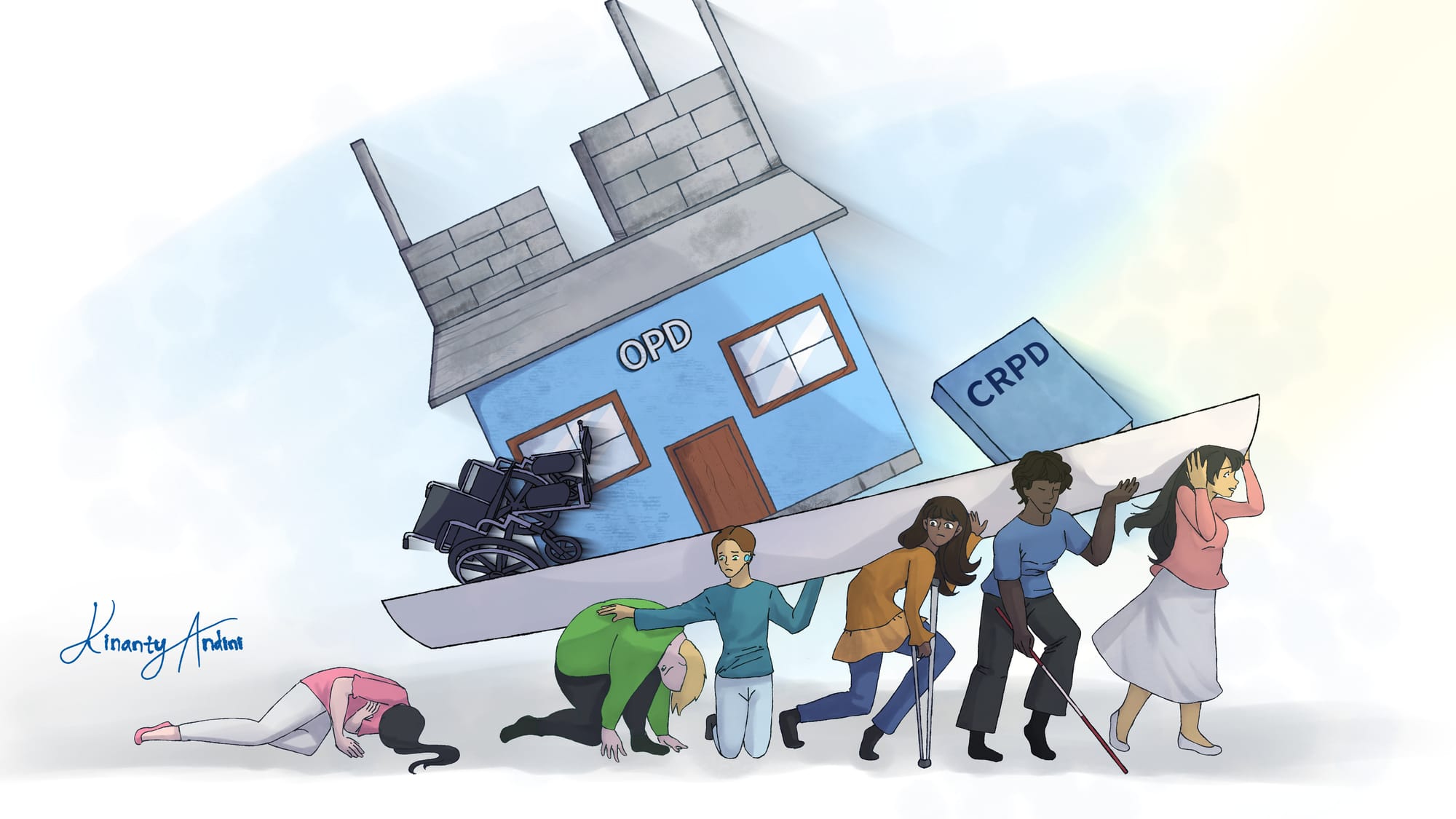 A digital illustration of a line of people struggling to carry a heavy house labeled "OPD". The six people are of different ethnicities and three of them visibly disabled. Also on the platform they're supporting is a huge book titled CRPD and a manual wheelchair. The woman on the far right of the image is managing to hold the end of the container above her head without much effort, but as we go from right to left, each person seems to be struggling more, each body becoming increasingly crumpled until the woman on the far left is lying collapsed on the floor. They are wearing colourful clothing, and one woman wears a hearing aid, one uses a crutch, and another is blind and holds a white cane. The image brings to mind the famous illustration of the evolution of man, "The March of Progress."