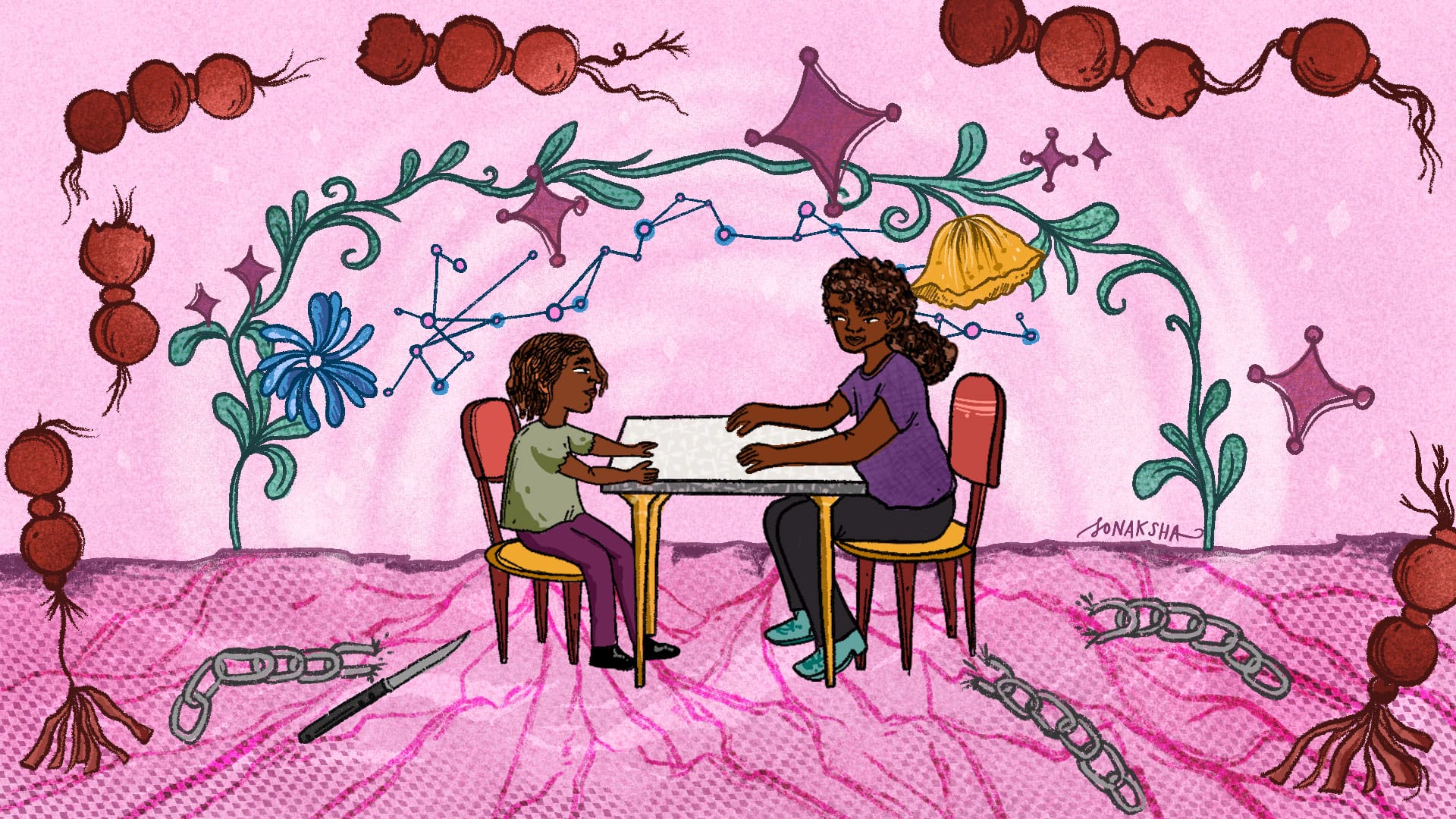 Illustration of a magical scene of a woman and child sitting across from a table from each other. They are Black, and sit with hands outstretched towards each other but not meeting. On the ground, there are large cracks appearing, broken chains, and a knife. They are framed by growing plants and sparkling stars, and outside of that, by healing beads that are breaking apart. 