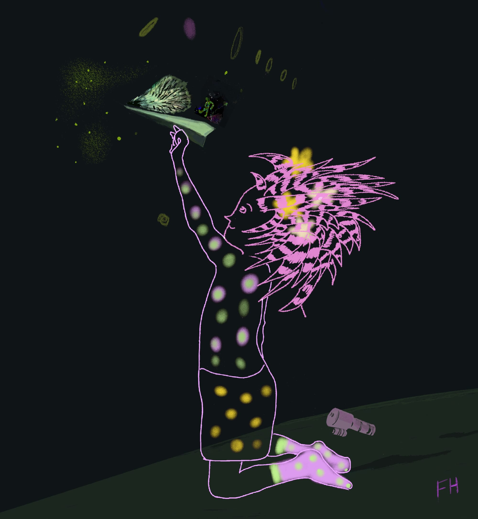 Illustration in luminescent lines of a girl kneeling and holding up a paper airplane with a hedgehog on it. The girl has spikes like hair and magical dots lighting up her body. The background is black with bright points like stars.