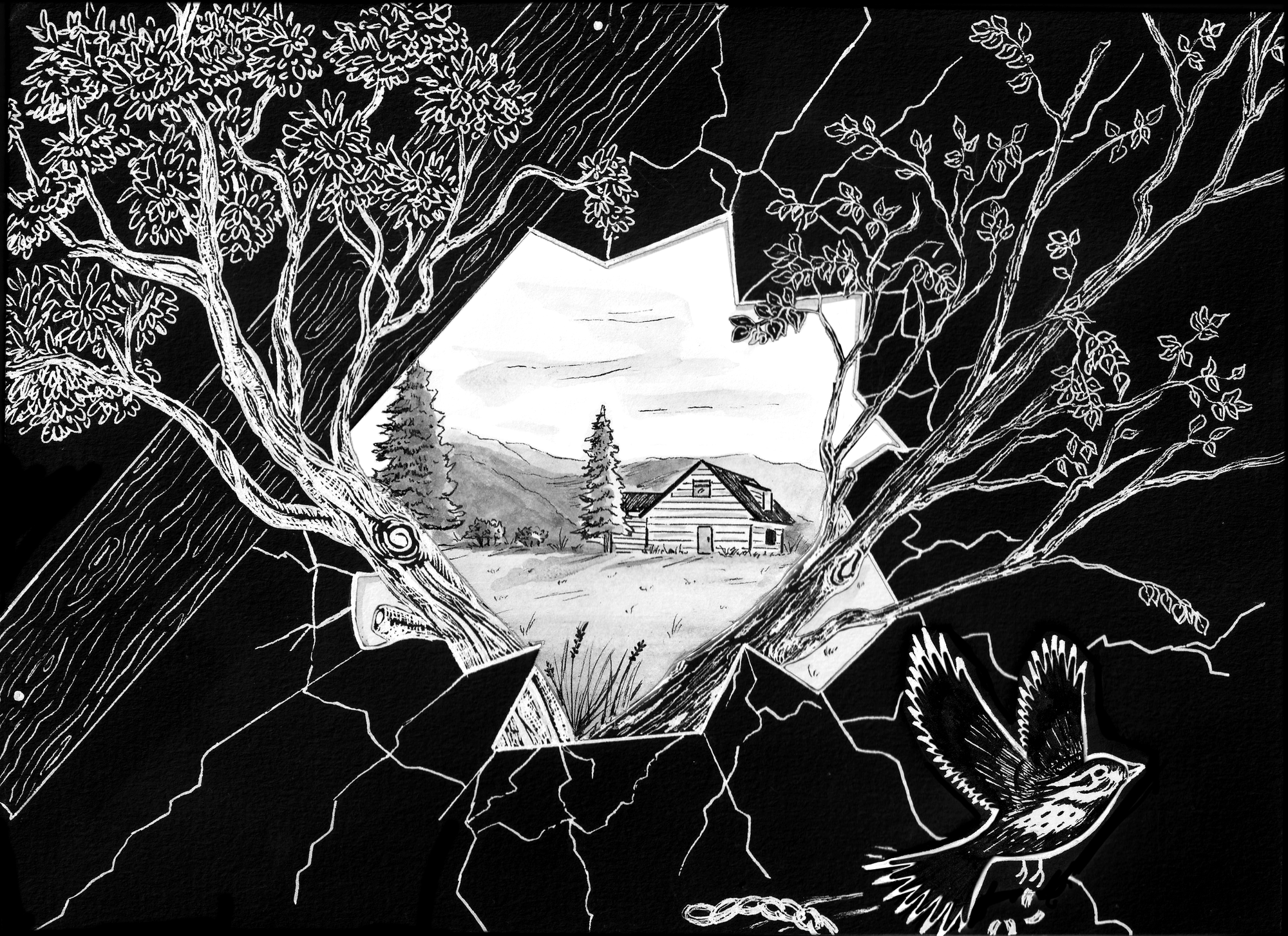 A grayscale drawing of a residential treatment facility, depicted as a white farmhouse in the middle of a vast natural landscape. This centered drawing of the residential facility is surrounded by black broken shards of glass, to look as if it is the scene outside of a black, broken window. White trees stretch out of the center scene onto the black glass. A bird flies in the right corner breaking free of chains.