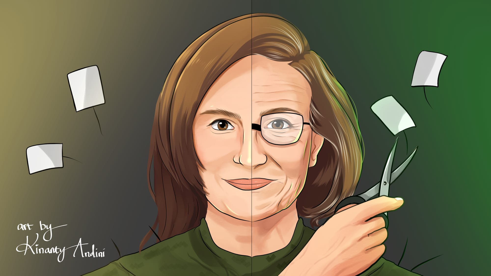 A digital illustration of Ashton, a white woman, split half and half between her younger and older face. Half of her face has smooth skin and full brown hair. The other half shows wrinkles and glasses, with greyer shorter hair. She is holding scissors and cutting away labels.