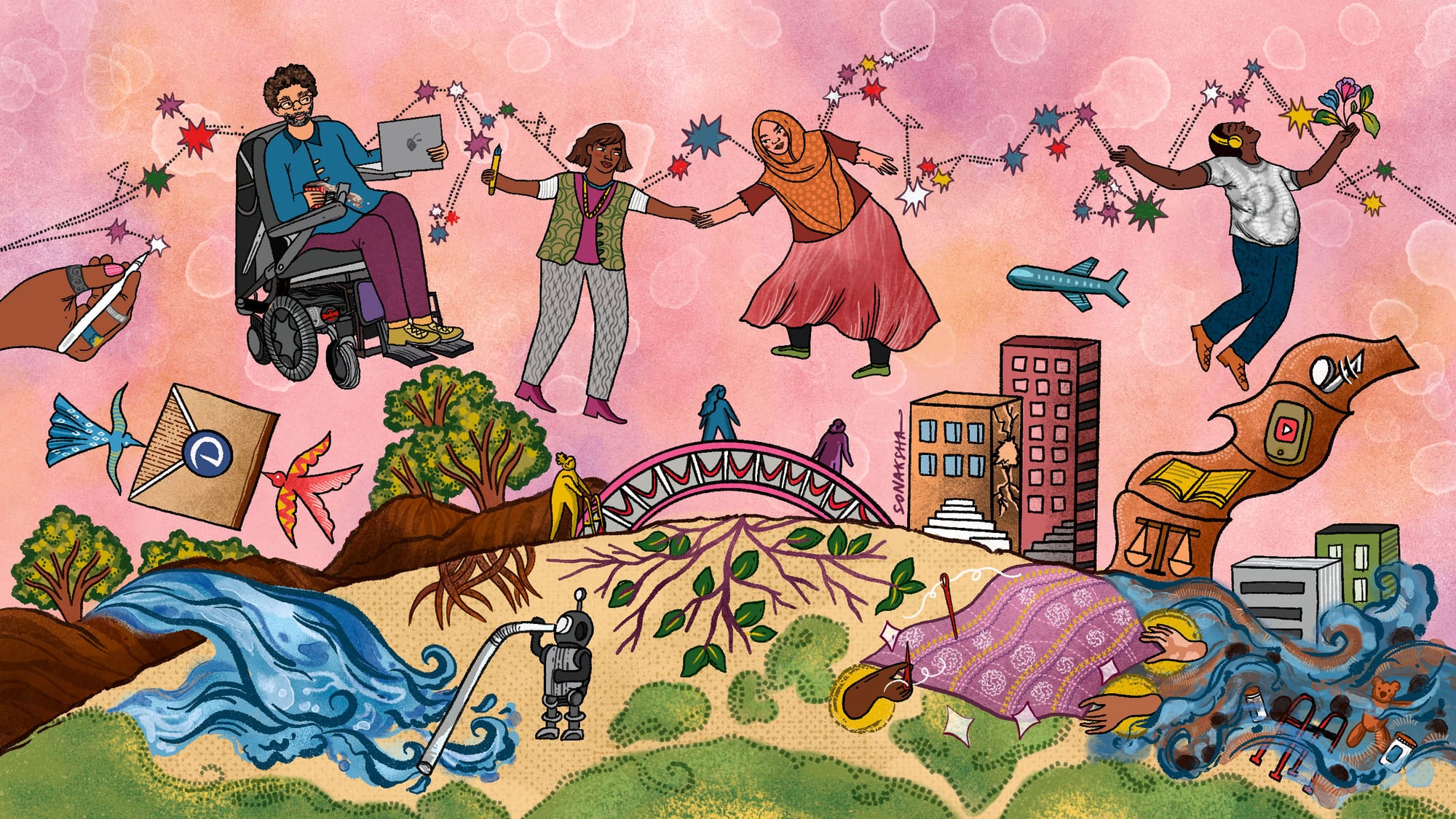 Dream-like illustration of a globe with Peter and other collaborators flying above it in sunset skies. Peter is in a power chair with a laptop in one hand and a cup of tea spilling in the other. Next to him is a woman with short brown hair and a waistcoat, a woman wearing a skirt and hijab and a person with cropped hair and headphones. A hand on the left wearing multiple rings is drawing the constellations. On the globe many events unfold - a robot drinks with a straw from a giant straw, two birds carry a Debrief envelope, mangroves and trees, and a bridge with small figures walking across. Leaves grow from cracks in the globe and three hand stitch a quilt. There are floods, buildings and other symbols, including a walker.