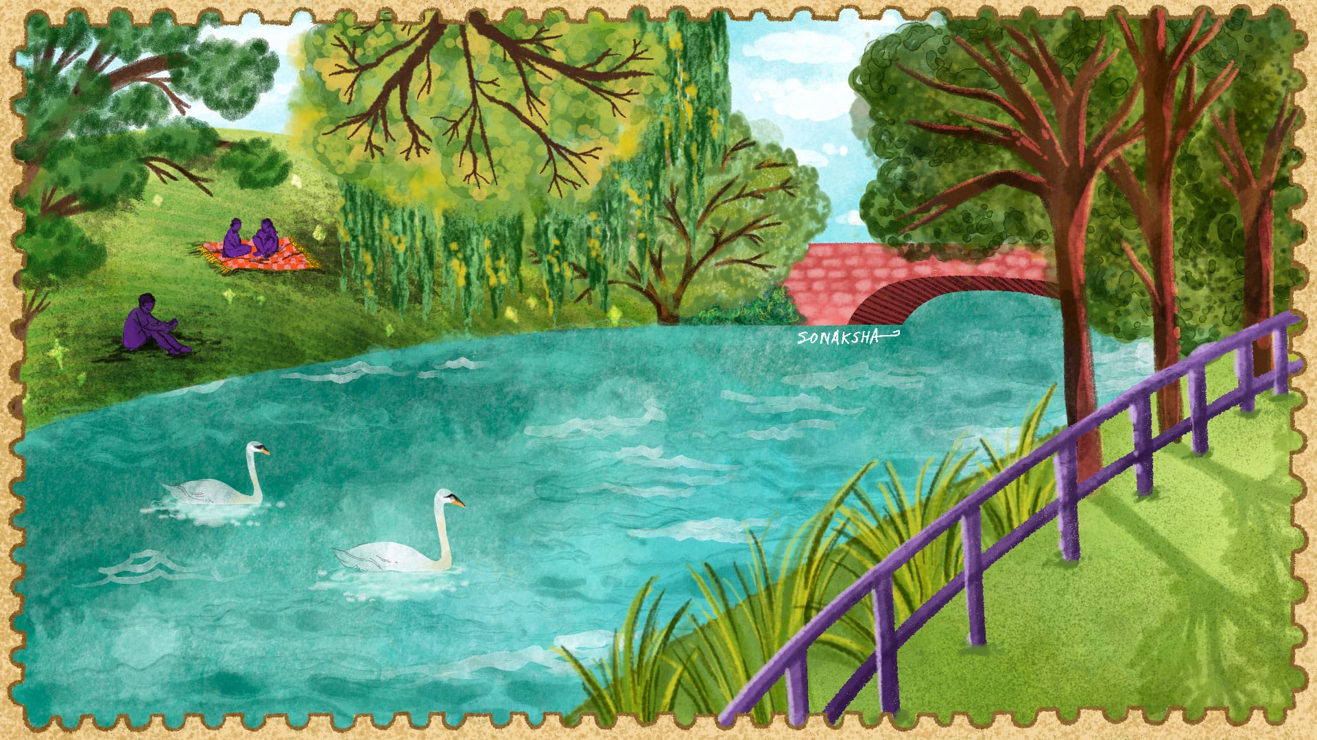 Postcard style illustration of a canal, with two swans swimming. The banks are grassy on either side and the illustration is framed by a canopy of trees including linden and willow trees among others. There are silhouettes of people sitting on grass beneath the shade of the trees, reading and enjoying a picnic. The skies are clear blue and sunny! It is a scene inspired by the Landwehr Canal in Berlin.