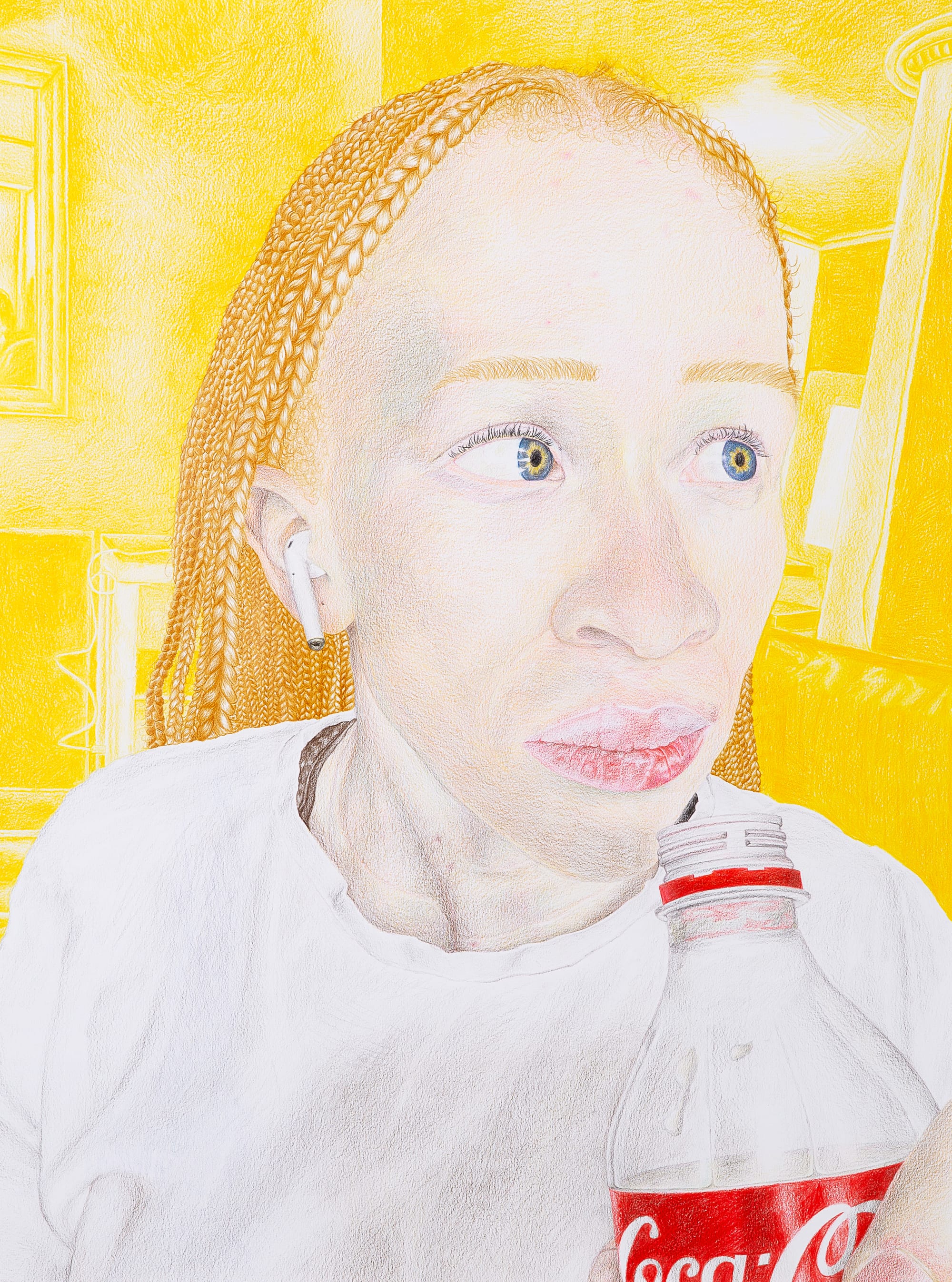 A close-up self-portrait artwork of a young woman with albinism holding a bottle of Coca-Cola. She has long blonde hair and wears a white T-shirt. The background suggests a living room but is rendered in a bright, simplified yellow palette, creating an overall yellow backdrop.