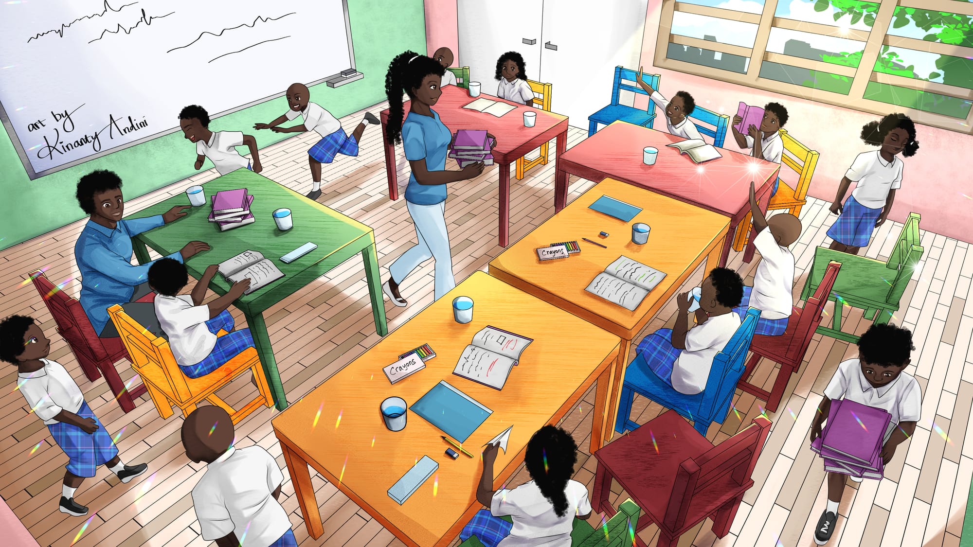  An illustration of a bustling classroom filled with children doing different activities. Some are playing tag, carrying books, walking around, and making paper airplanes. The desks and chairs come in yellow, green, red, and blue. with glasses, books, crayons, pencils, erasers, and pencil holders placed on the desks. Two teachers are in the room: a male teacher is sitting beside a student, while a female teacher is walking with several books in her hands. The green and pink walls surround the classroom.