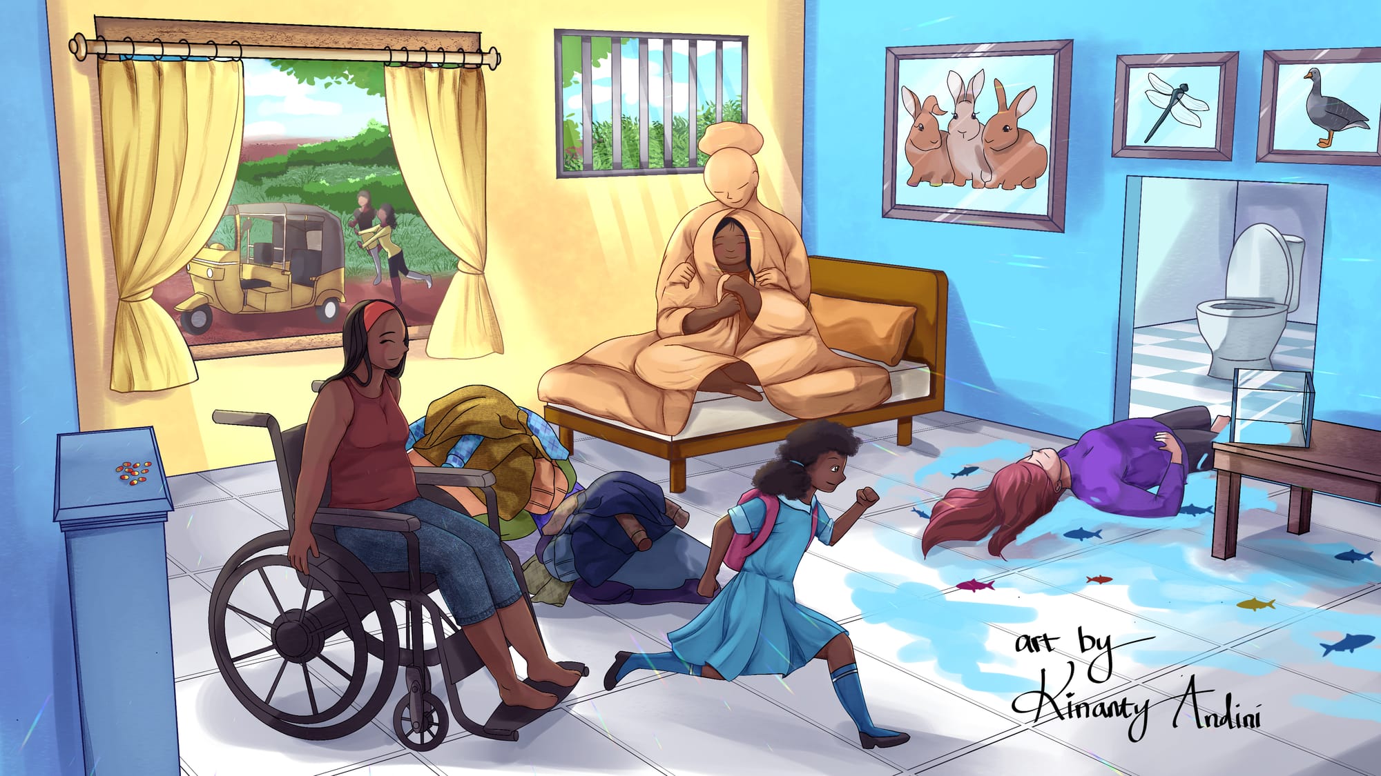 An illustration of a house filled with different scenes. One person is sitting on a bed, covered by a blanket shaped like a mother embracing them. A wheelchair user is with a young girl wearing a school uniform, while a woman is lying on the bathroom floor, surrounded by water and fishes from a fish tank that has spilled from a nearby table. A pile of clothes is scattered on the floor, and there are pills on a bookshelf. Three mirrors hang on the right hand side wall, each showing a different animal: three rabbits, a dragonfly, and a goose. The back wall has a large window showing two women with prosthetic legs chasing a three-wheeler outside. And next to that a smaller window shaped like a prison cell shows a neem tree outside.