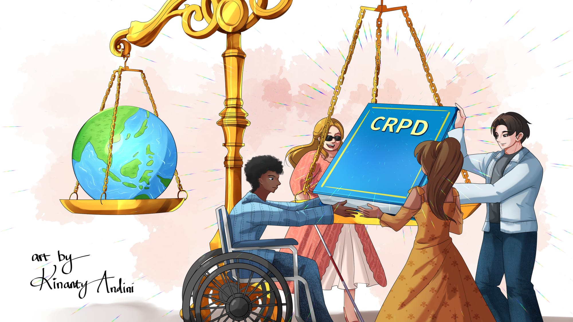 A digital illustration with a group of people lifting a giant book labeled "CRPD" onto the scales of justice. On the other side of the scale is a giant globe. The group includes a white blind woman, and a black wheelchair-using man as well as another man and woman holding it together.