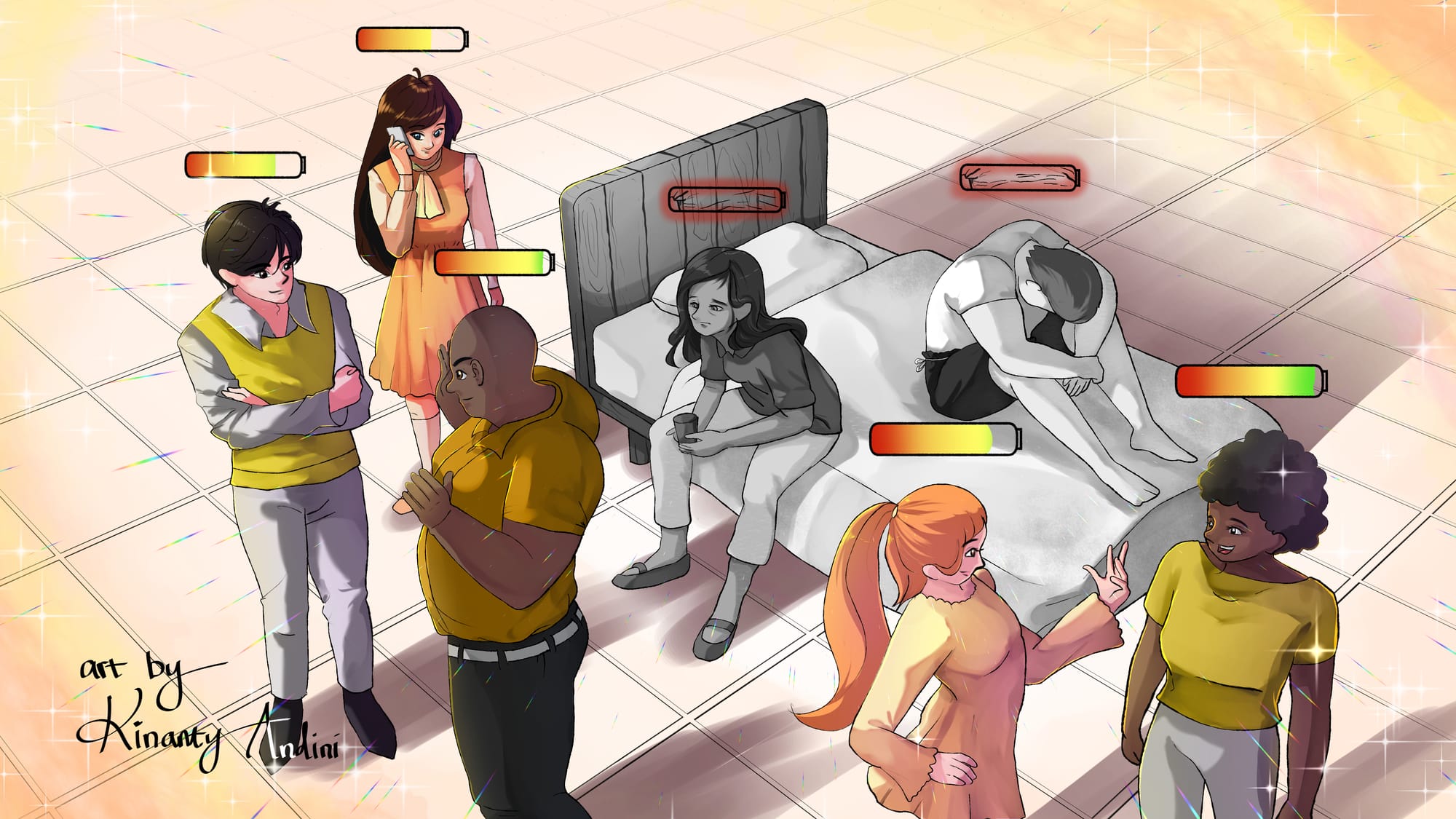 An illustration of people standing around talking while two people sit isolated on a bed. The standing figures are chatting or on the phone, and shown in colour, with full battery indicators above their heads. The two on the bed are monochrome and have cracked red batteries above their heads.