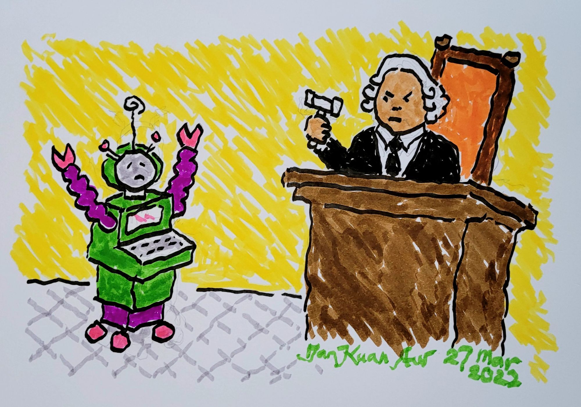 Artistic representation, a watercolour showing a judge sentencing a robot with its hands up in surrender. The robot is made of green boxes, in the style of a desktop interface, with purple clawed arms, hands, antenna and wheeled base. The judge, on a big chair and behind a lectern, holds his mallet and scowls. The judge has brown skin, white wig and is wearing a black suit. Signed Tan Kuan Aw, 27 Mar 2022. Artistic representation, a watercolour showing a judge sentencing a robot with its hands up in surrender. The robot is made of green boxes, in the style of a desktop interface, with purple clawed arms, hands, antenna and wheeled base. The judge, on a big chair and behind a lectern, holds his mallet and scowls. The judge has brown skin, white wig and is wearing a black suit. Signed Tan Kuan Aw, 27 Mar 2022.