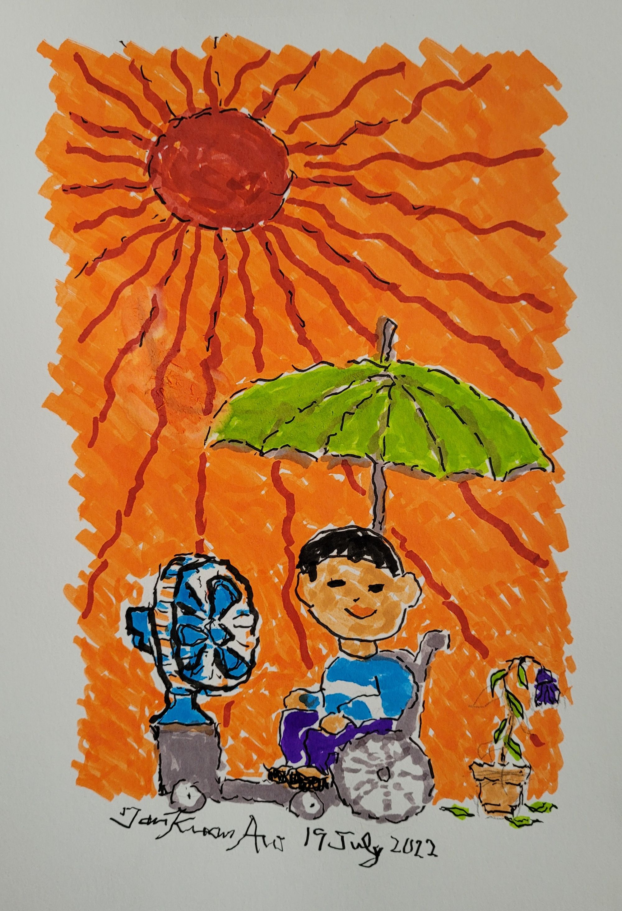 A watercolour illustration of a young man sitting in a wheelchair under the sun. The sun is a large red ball dominating the top half, and red rays stretch outwards against a hot orange background. The young man has light brown skin, black hair, a small smile, and a blue jumper. On his left is a fan pointing towards him, on his right a wilting flower, and above a green umbrella. Signed Tan Kuan Aw, 19th July 2022 A watercolour illustration of a young man sitting in a wheelchair under the sun. The sun is a large red ball dominating the top half, and red rays stretch outwards against a hot orange background. The young man has light brown skin, black hair, a small smile, and a blue jumper. On his left is a fan pointing towards him, on his right a wilting flower, and above a green umbrella. Signed Tan Kuan Aw, 19th July 2022