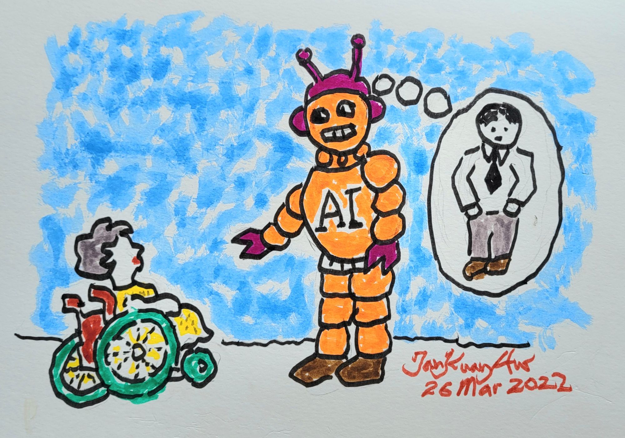 An artistic representation, in watercolour, of a robot gesturing negatively towards a woman in disability. The robot has a thought bubble of an expressionless and black-and-white man with a tie and trousers. The robot, in orange, has AI on its chest, is made of segmented pieces and has purple hands and helmet. The woman is white, has grey hair, lipstick, a red and green chair and yellow dress. The background is blue, and it is signed in red, Tan Kuan Aw, 26 Mar 2022. An artistic representation, in watercolour, of a robot gesturing negatively towards a woman in disability. The robot has a thought bubble of an expressionless and black-and-white man with a tie and trousers. The robot, in orange, has AI on its chest, is made of segmented pieces and has purple hands and helmet. The woman is white, has grey hair, lipstick, a red and green chair and yellow dress. The background is blue, and it is signed in red, Tan Kuan Aw, 26 Mar 2022.