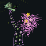 Illustration in luminescent lines of a girl kneeling and holding up a small platform with a hedgehog on it
