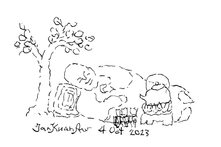 Sketch outlining a figure lying down under a tree, a teapot on a fire at their feet. Signed Tan Kuan Aw, 4th October 2023. 