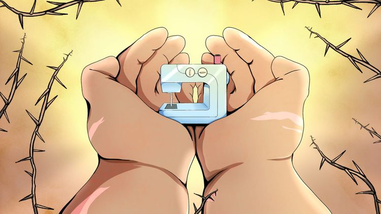 Digital illustration of large brown hands holding a sewing machine. The hands are scratched and surrounded by thorny roots.