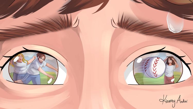 Digital illustration close-up of a nervous face with a scene of baseball played out in the eyes. 