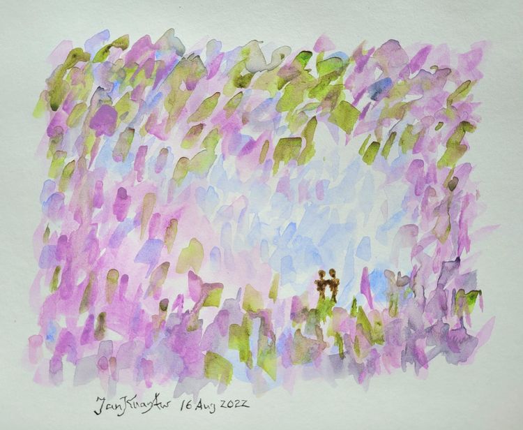 An abstract watercolour illustration of two small figures outlined in a space of light blue brush strokes, framed by strokes in darker greens, purples and blues.