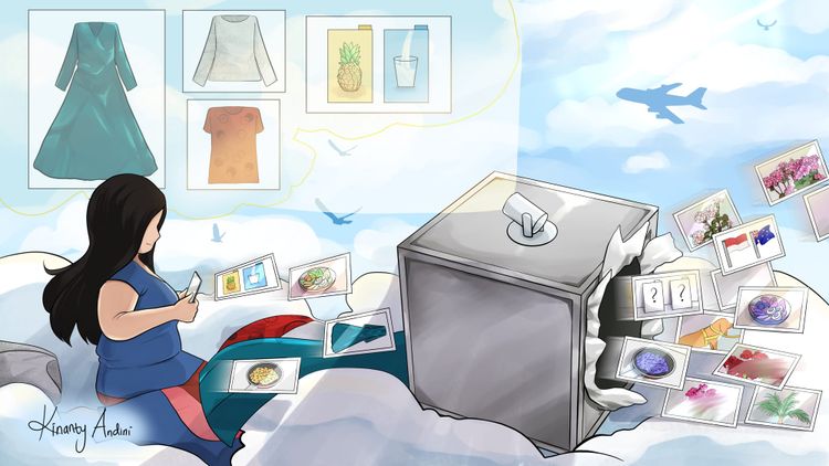 An abstract illustration of a scene on the clouds. A woman sends photos from her phone into a dark grey box, which explodes and scatters photos on the other side.