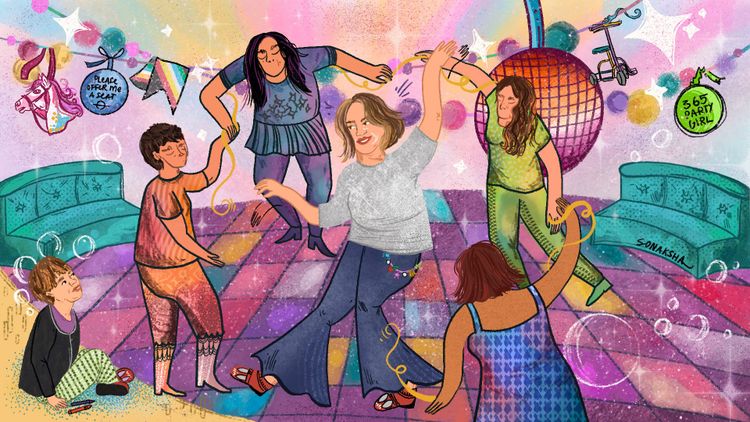 Colourful disco illustration of a white woman dancing with friends on a patterned floor.