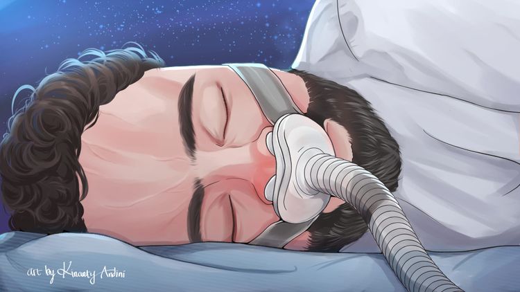 A close-up illustration of Peter, a 40 year old white man, wearing a breathing mask.