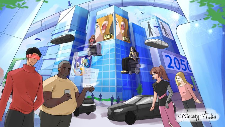 A digital illustration depicting a futuristic city, with cars and wheelchairs flying in front of tall buildings.