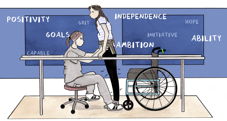 Illustration of a young white woman (Rachel), standing precariously between a set of parallel bars, supported by a therapist with hands on her waist.