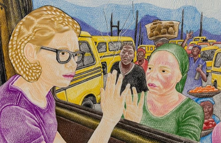 A color pencil illustration of two women with albinism, one inside a bus and the other outside, each holding their palm to the bus window.