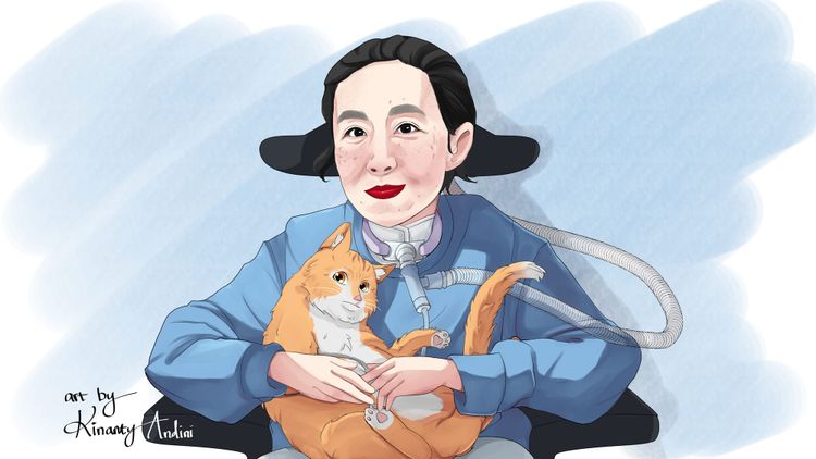 A digital illustration of Alice Wong, an Asian American woman in her early fifties, with a ginger cat curled up in her lap.