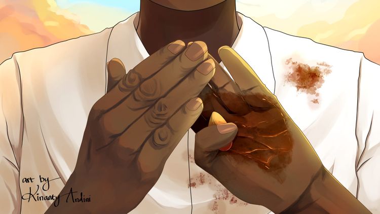 Digital illustration close-up on person making a sign with their hands, one of which holds a nut and is stained in oil.