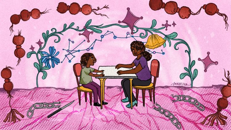 Illustration of a magical scene of a woman and child sitting across from a table from each other.