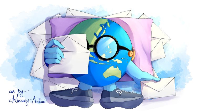 Digital illustration of a cute anthropomorphic globe reading a letter while lying back against a pillow. 