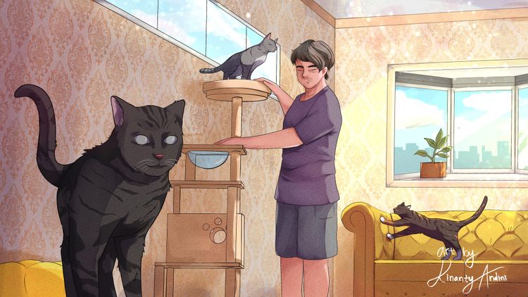 An illustration of a blind man with three cats in a living room. The man has his eyes closed and is feeling a cat tower.